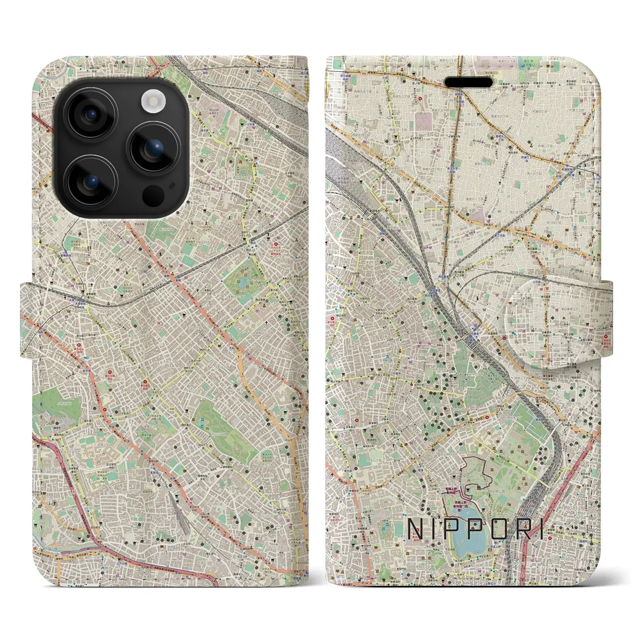 【日暮里（東京都）】地図柄iPhoneケース（手帳タイプ）ナチュラル・iPhone 16 用