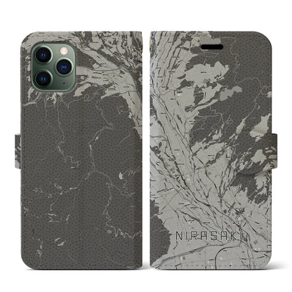 【韮崎（山梨県）】地図柄iPhoneケース（手帳タイプ）モノトーン・iPhone 11 Pro 用