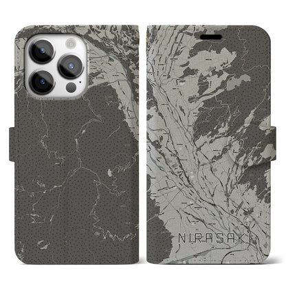 【韮崎（山梨県）】地図柄iPhoneケース（手帳タイプ）モノトーン・iPhone 14 Pro 用