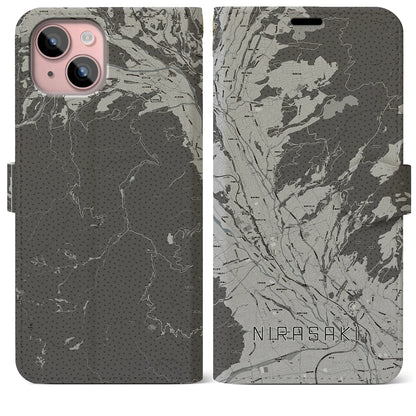 【韮崎（山梨県）】地図柄iPhoneケース（手帳タイプ）モノトーン・iPhone 15 Plus 用