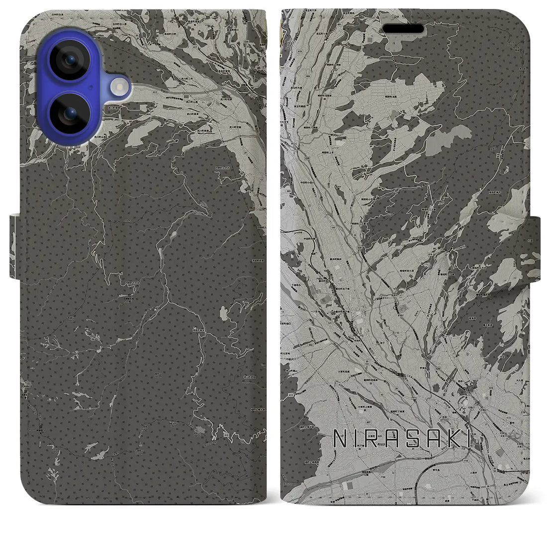 【韮崎(山梨県)】地図柄iPhoneケース(手帳タイプ)モノトーン・iPhone 16 Pro Max 用