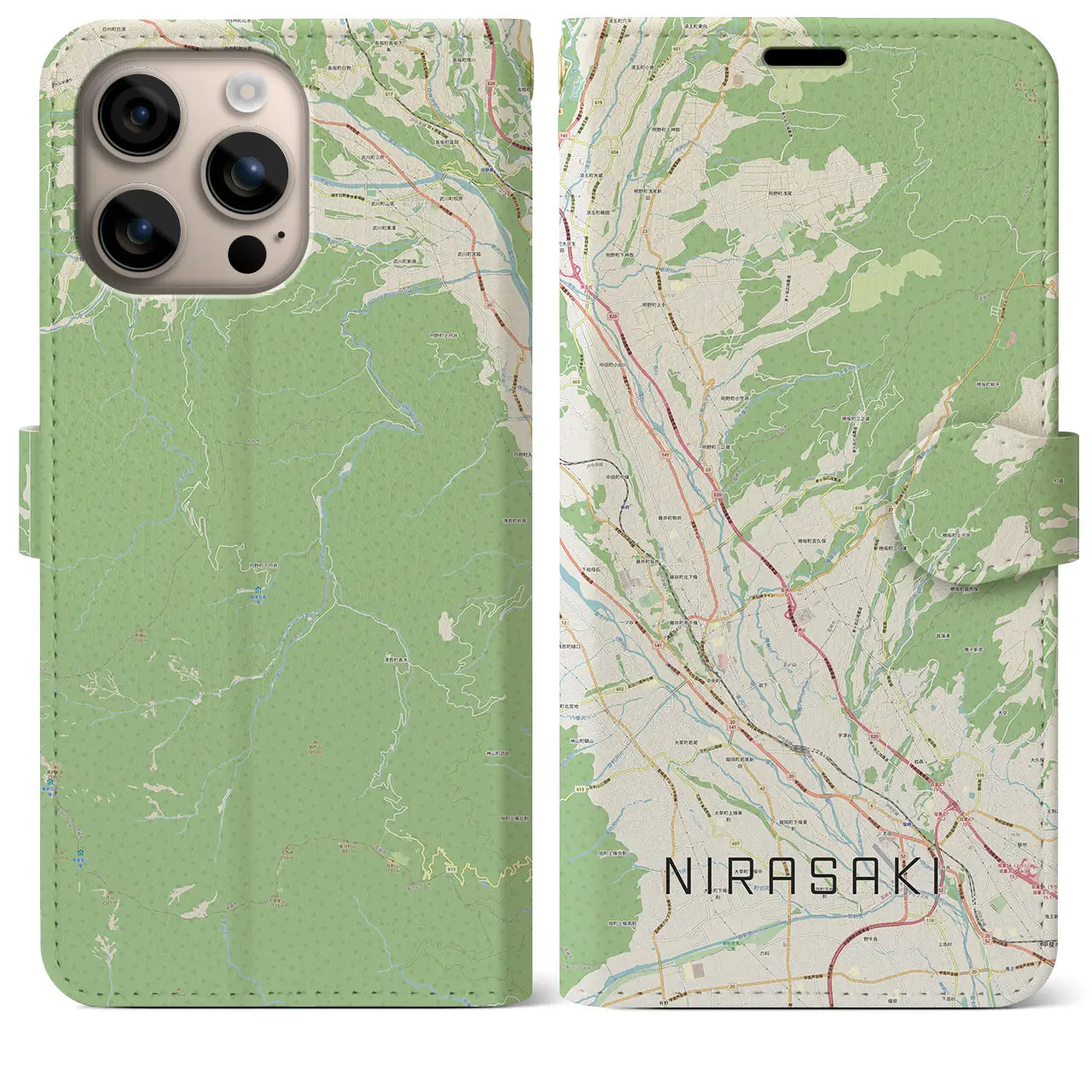 【韮崎（山梨県）】地図柄iPhoneケース（手帳タイプ）ナチュラル・iPhone 16 Plus 用