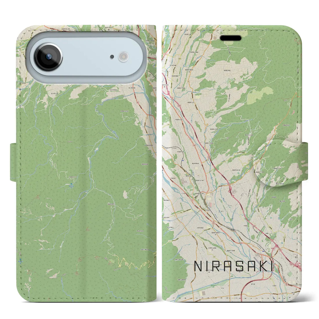 【韮崎（山梨県）】地図柄iPhoneケース（手帳タイプ）ナチュラル・iPhone 17 Pro Max 用
