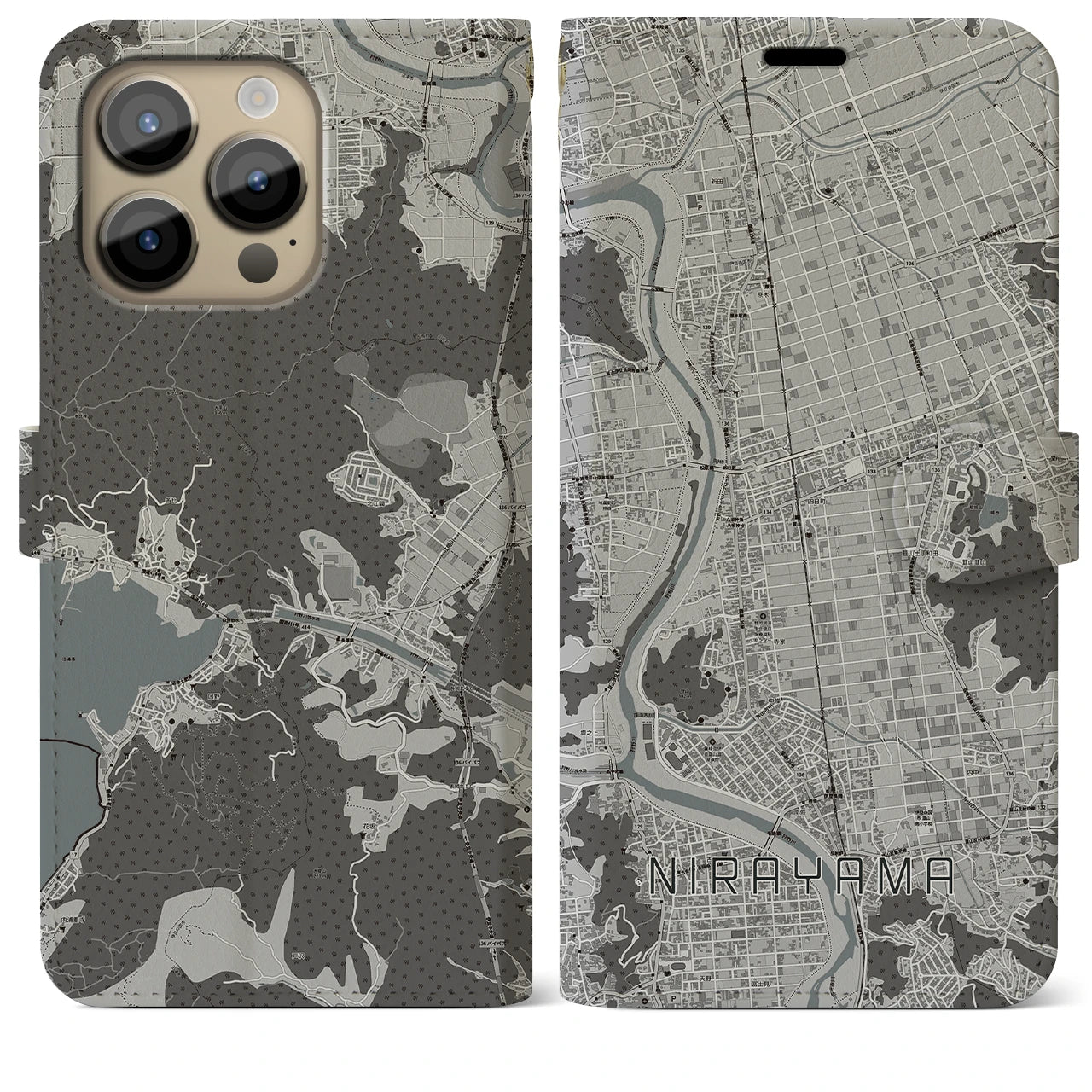 【韮山】地図柄iPhoneケース（手帳両面タイプ・モノトーン）iPhone 14 Pro Max 用