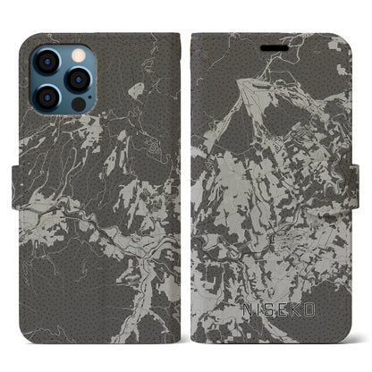 【ニセコ（北海道）】地図柄iPhoneケース（手帳タイプ）モノトーン・iPhone 12 / 12 Pro 用