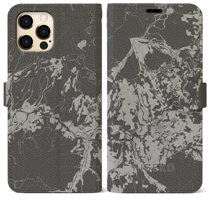 【ニセコ（北海道）】地図柄iPhoneケース（手帳タイプ）モノトーン・iPhone 12 Pro Max 用
