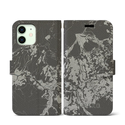 【ニセコ（北海道）】地図柄iPhoneケース（手帳タイプ）モノトーン・iPhone 12 mini 用