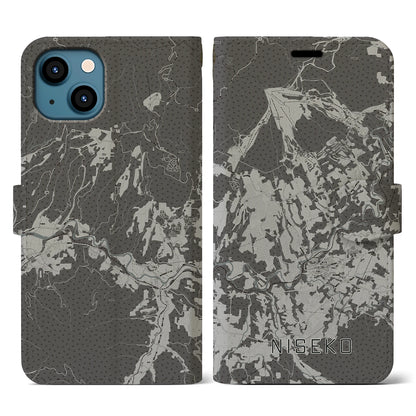 【ニセコ（北海道）】地図柄iPhoneケース（手帳タイプ）モノトーン・iPhone 13 用