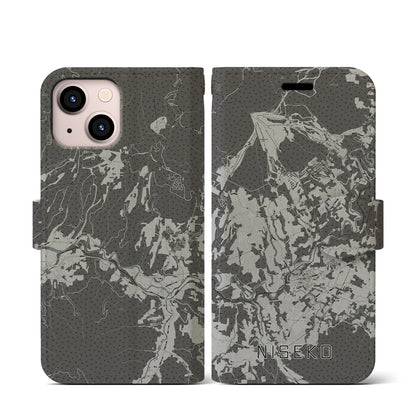 【ニセコ（北海道）】地図柄iPhoneケース（手帳タイプ）モノトーン・iPhone 13 mini 用