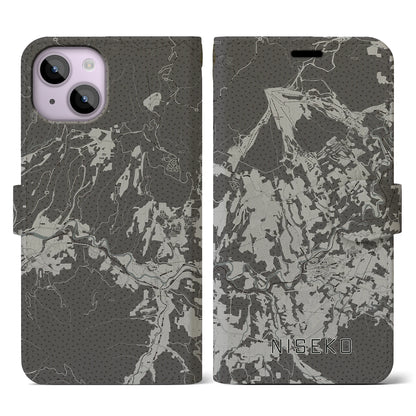 【ニセコ（北海道）】地図柄iPhoneケース（手帳タイプ）モノトーン・iPhone 14 用