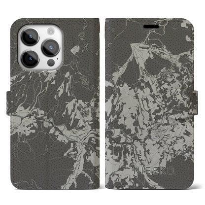 【ニセコ（北海道）】地図柄iPhoneケース（手帳タイプ）モノトーン・iPhone 14 Pro 用