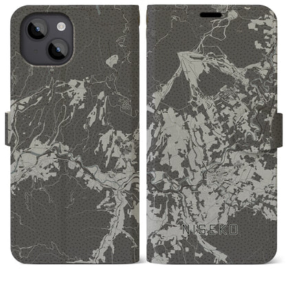 【ニセコ（北海道）】地図柄iPhoneケース（手帳タイプ）モノトーン・iPhone 14 Plus 用