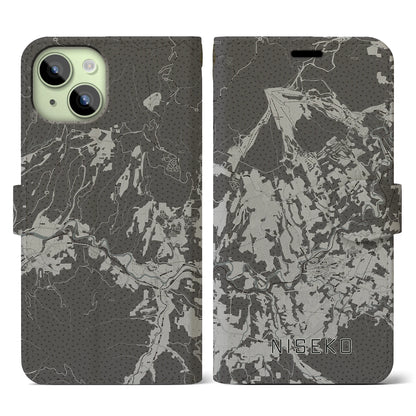【ニセコ（北海道）】地図柄iPhoneケース（手帳タイプ）モノトーン・iPhone 15 用
