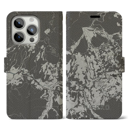 【ニセコ（北海道）】地図柄iPhoneケース（手帳タイプ）モノトーン・iPhone 15 Pro 用
