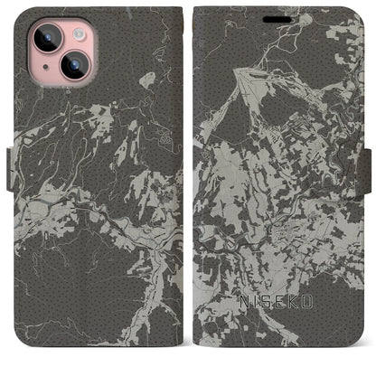 【ニセコ（北海道）】地図柄iPhoneケース（手帳タイプ）モノトーン・iPhone 15 Plus 用