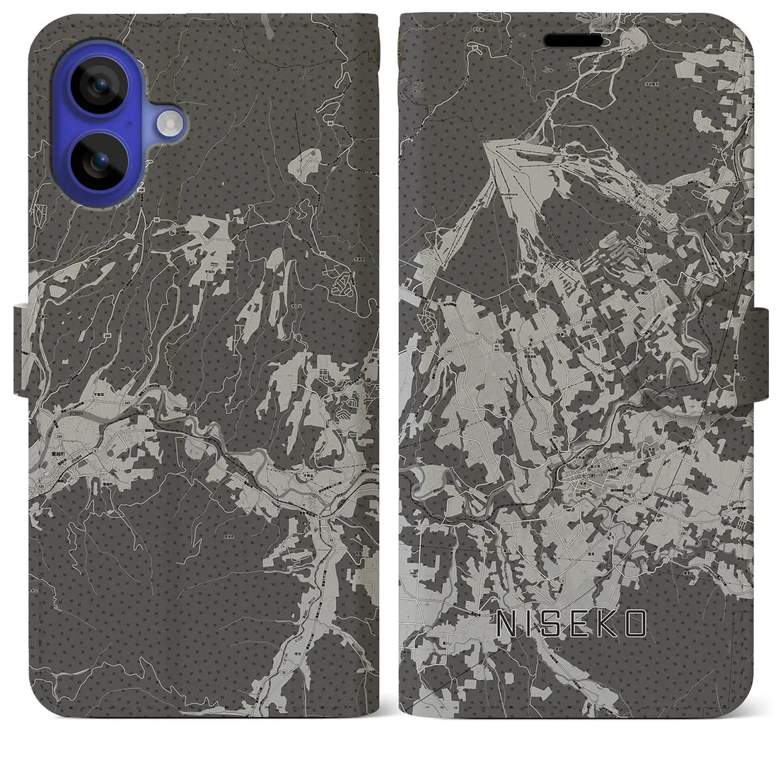 【ニセコ(北海道)】地図柄iPhoneケース(手帳タイプ)モノトーン・iPhone 16 Pro Max 用