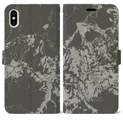 【ニセコ（北海道）】地図柄iPhoneケース（手帳タイプ）モノトーン・iPhone XS Max 用