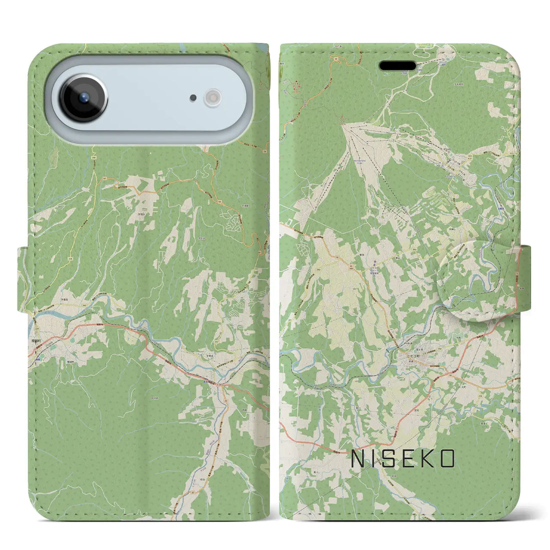 【ニセコ（北海道）】地図柄iPhoneケース（手帳タイプ）ナチュラル・iPhone 17 Pro Max 用