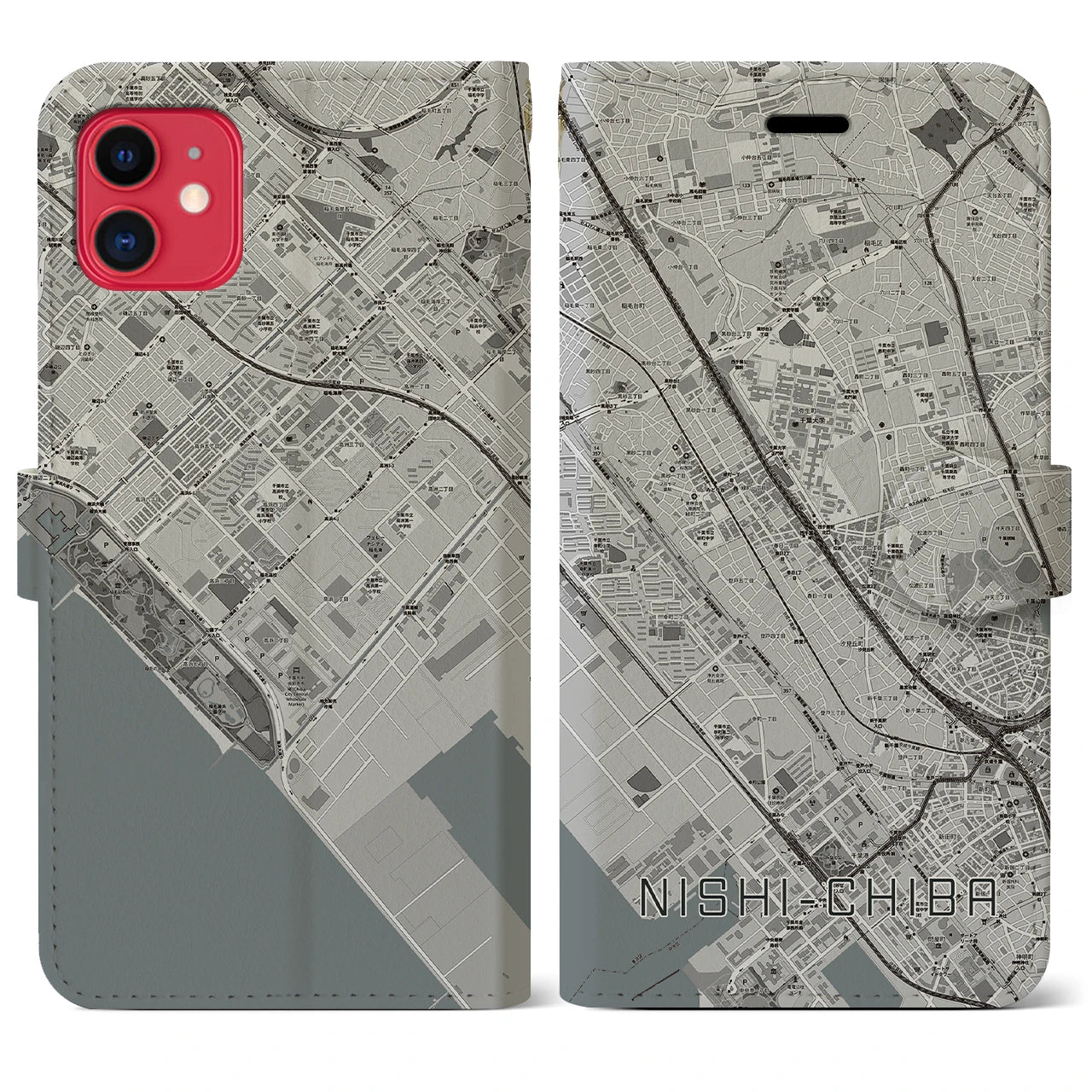 【西千葉】地図柄iPhoneケース（手帳両面タイプ・モノトーン）iPhone 11 用
