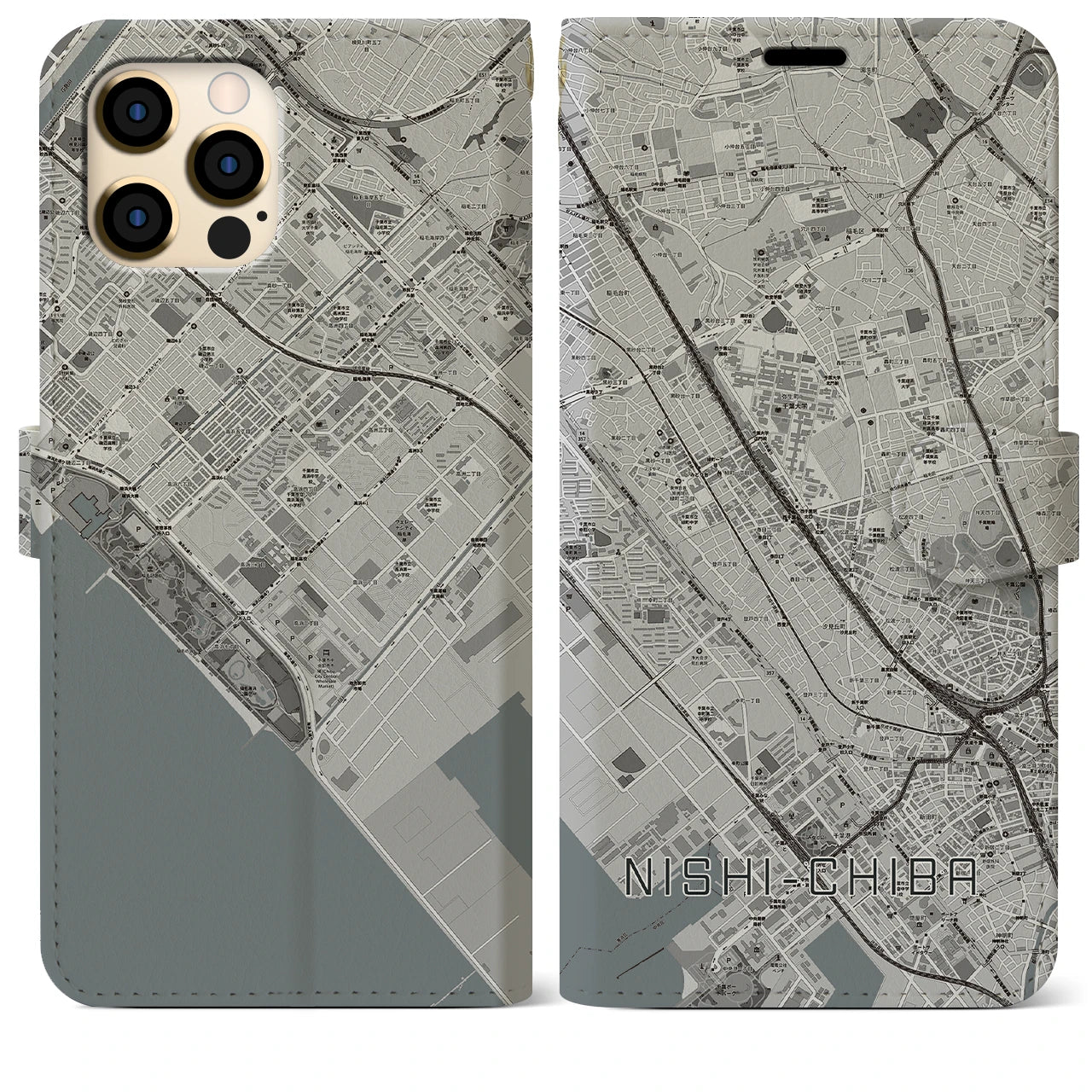 【西千葉】地図柄iPhoneケース（手帳両面タイプ・モノトーン）iPhone 12 Pro Max 用