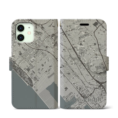 【西千葉（千葉県）】地図柄iPhoneケース（手帳タイプ）モノトーン・iPhone 12 mini 用