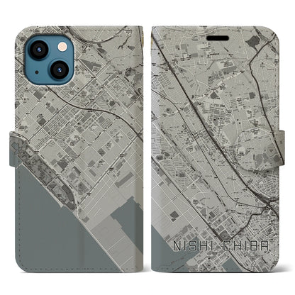 【西千葉（千葉県）】地図柄iPhoneケース（手帳タイプ）モノトーン・iPhone 13 用