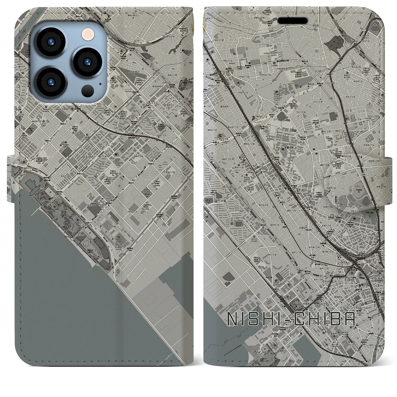 【西千葉】地図柄iPhoneケース（手帳両面タイプ・モノトーン）iPhone 13 Pro Max 用