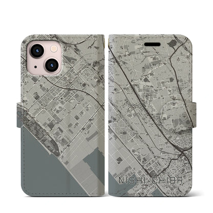 【西千葉（千葉県）】地図柄iPhoneケース（手帳タイプ）モノトーン・iPhone 13 mini 用