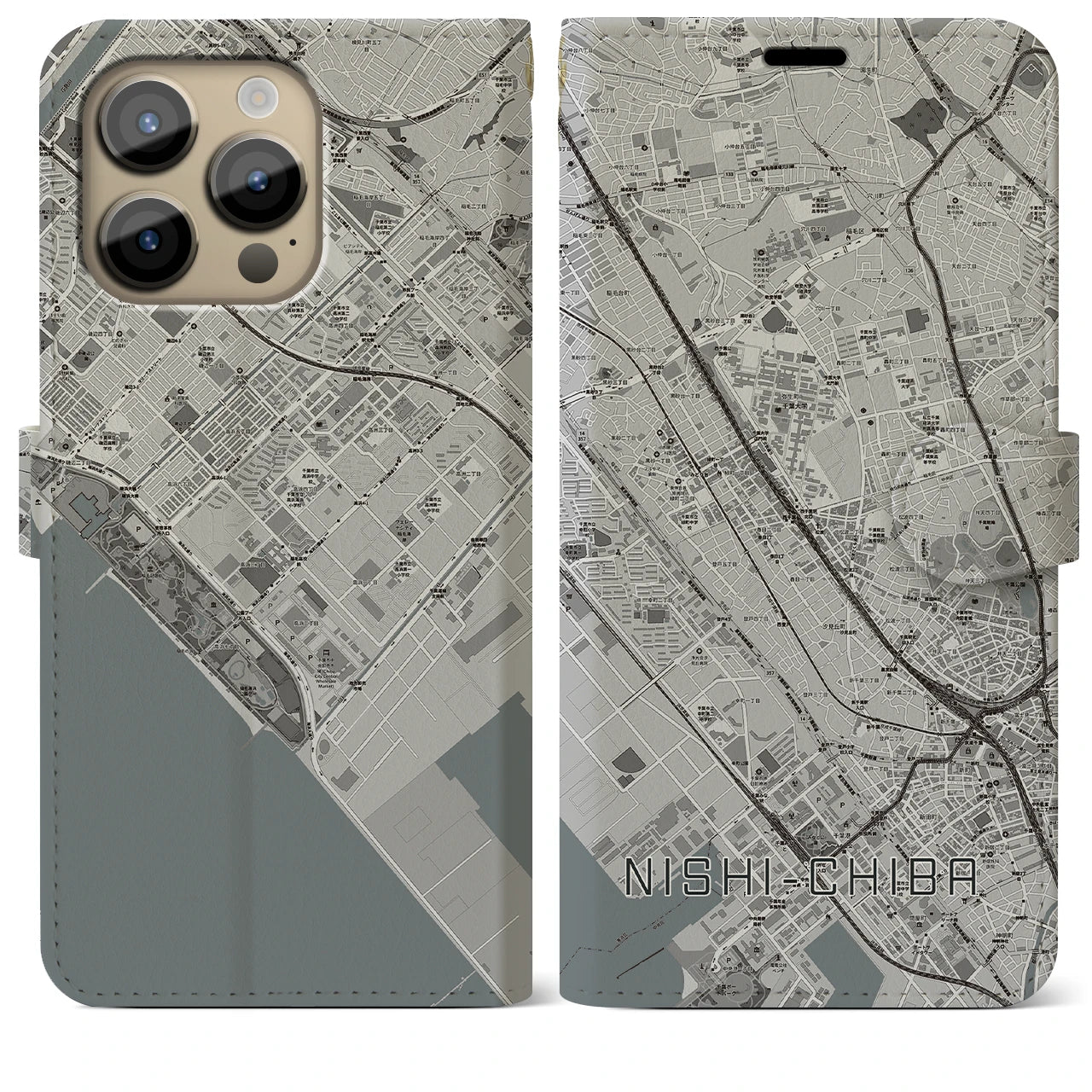 【西千葉】地図柄iPhoneケース（手帳両面タイプ・モノトーン）iPhone 14 Pro Max 用
