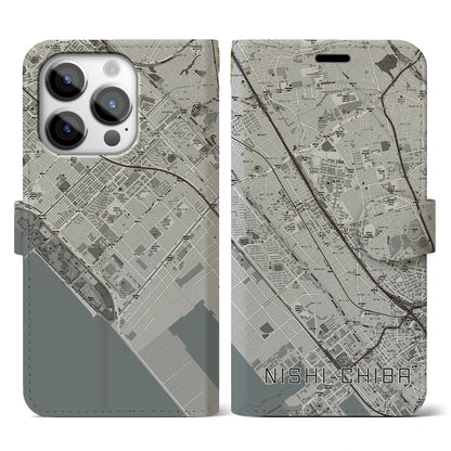 【西千葉（千葉県）】地図柄iPhoneケース（手帳タイプ）モノトーン・iPhone 14 Pro 用