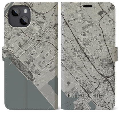 【西千葉（千葉県）】地図柄iPhoneケース（手帳タイプ）モノトーン・iPhone 14 Plus 用