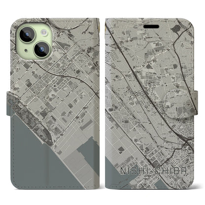 【西千葉（千葉県）】地図柄iPhoneケース（手帳タイプ）モノトーン・iPhone 15 用