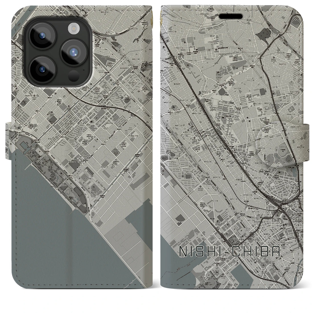 【西千葉】地図柄iPhoneケース（手帳両面タイプ・モノトーン）iPhone 15 Pro Max 用
