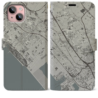 【西千葉（千葉県）】地図柄iPhoneケース（手帳タイプ）モノトーン・iPhone 15 Plus 用