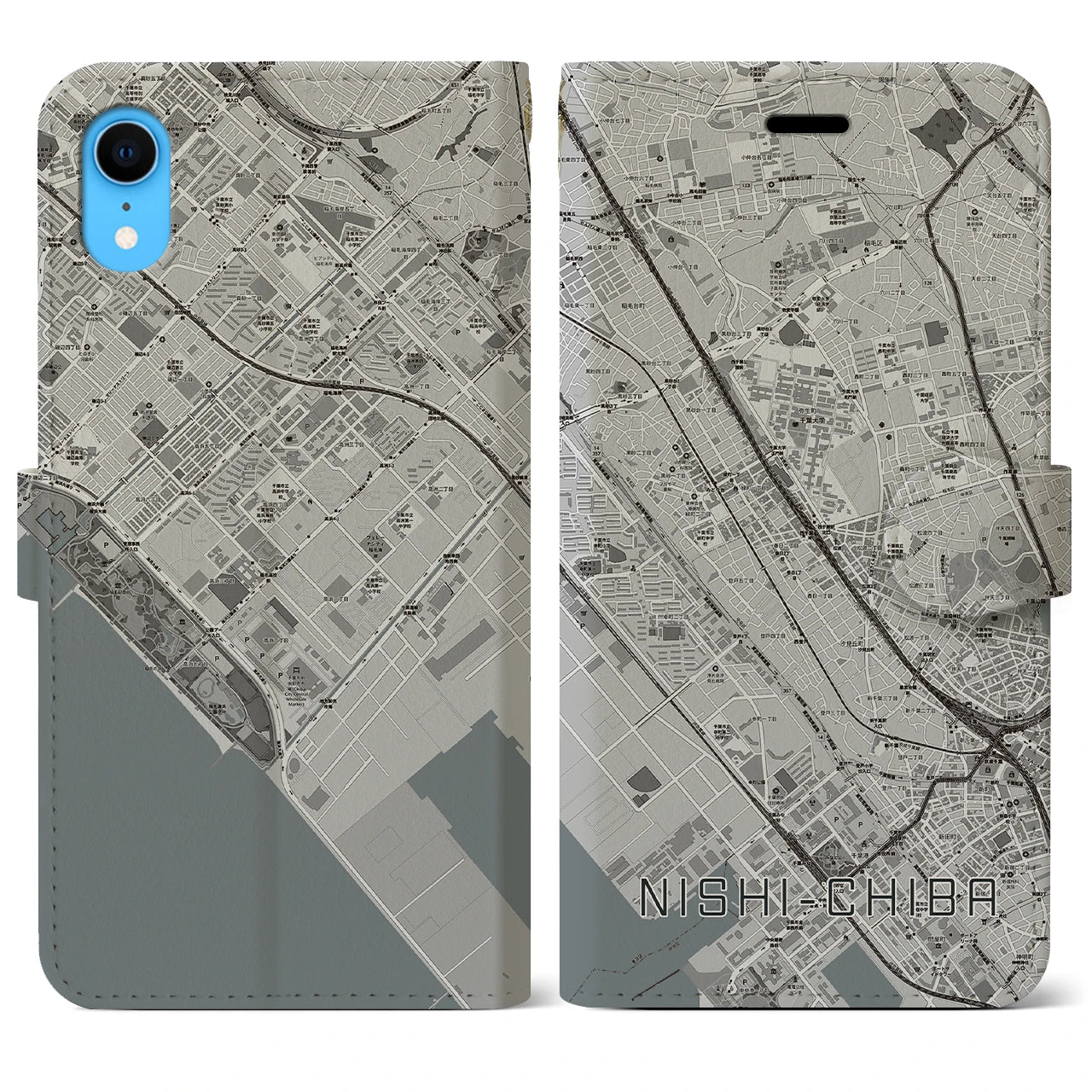 【西千葉】地図柄iPhoneケース（手帳両面タイプ・モノトーン）iPhone XR 用