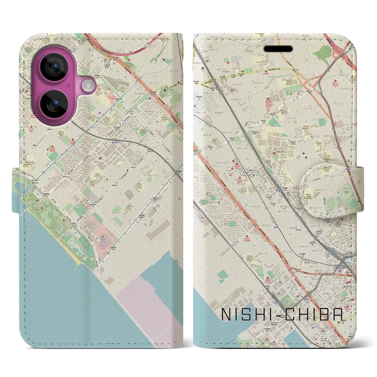 【西千葉（千葉県）】地図柄iPhoneケース（手帳タイプ）ナチュラル・iPhone 16 Pro 用