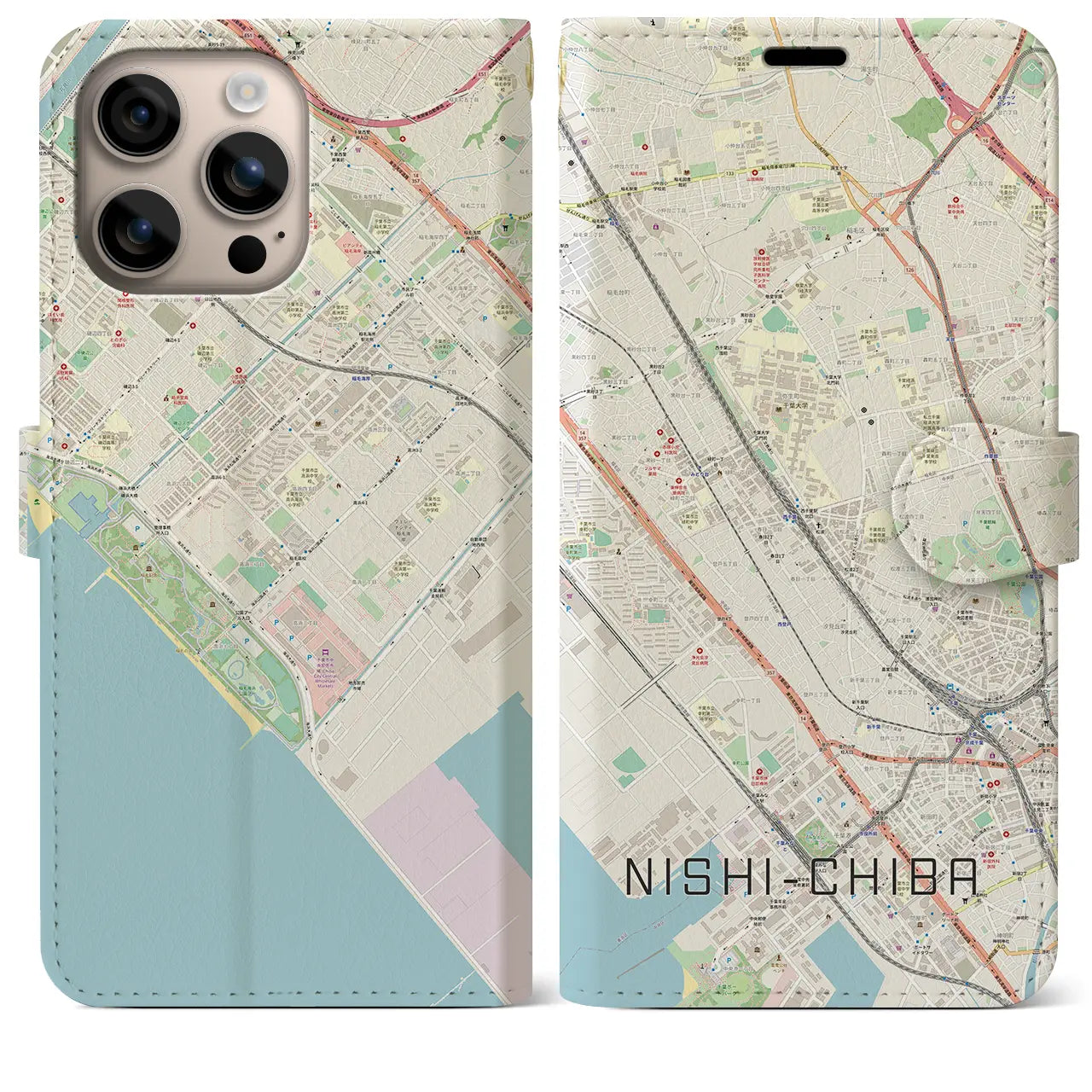 【西千葉（千葉県）】地図柄iPhoneケース（手帳タイプ）ナチュラル・iPhone 16 Plus 用