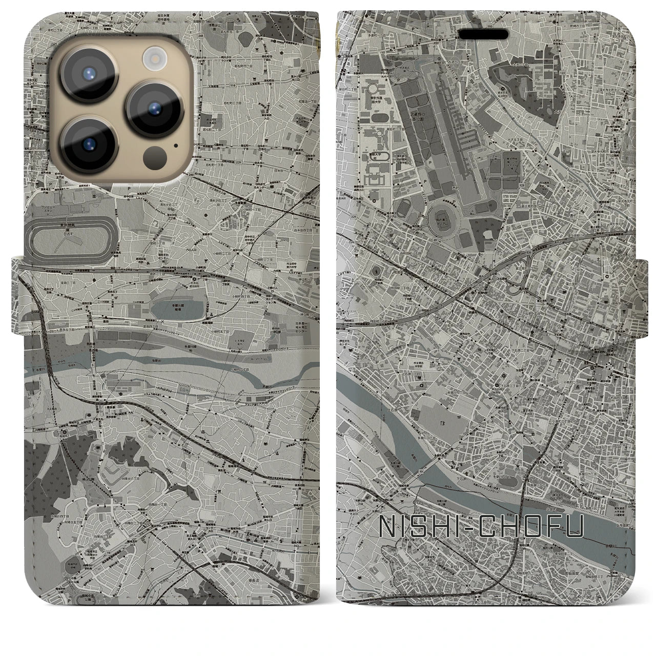 【西調布】地図柄iPhoneケース（手帳両面タイプ・モノトーン）iPhone 14 Pro Max 用
