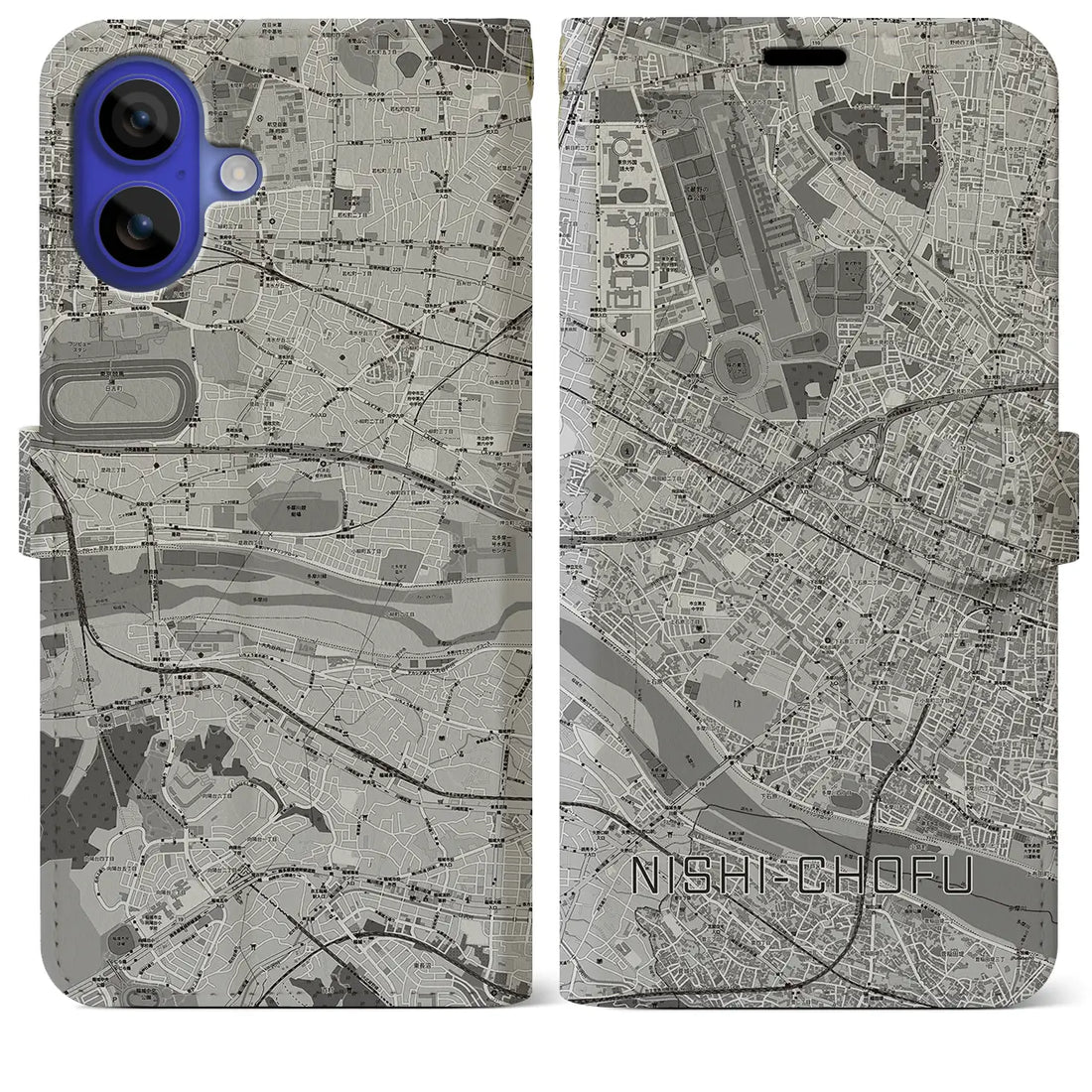 【西調布(東京都)】地図柄iPhoneケース(手帳タイプ)モノトーン・iPhone 16 Pro Max 用