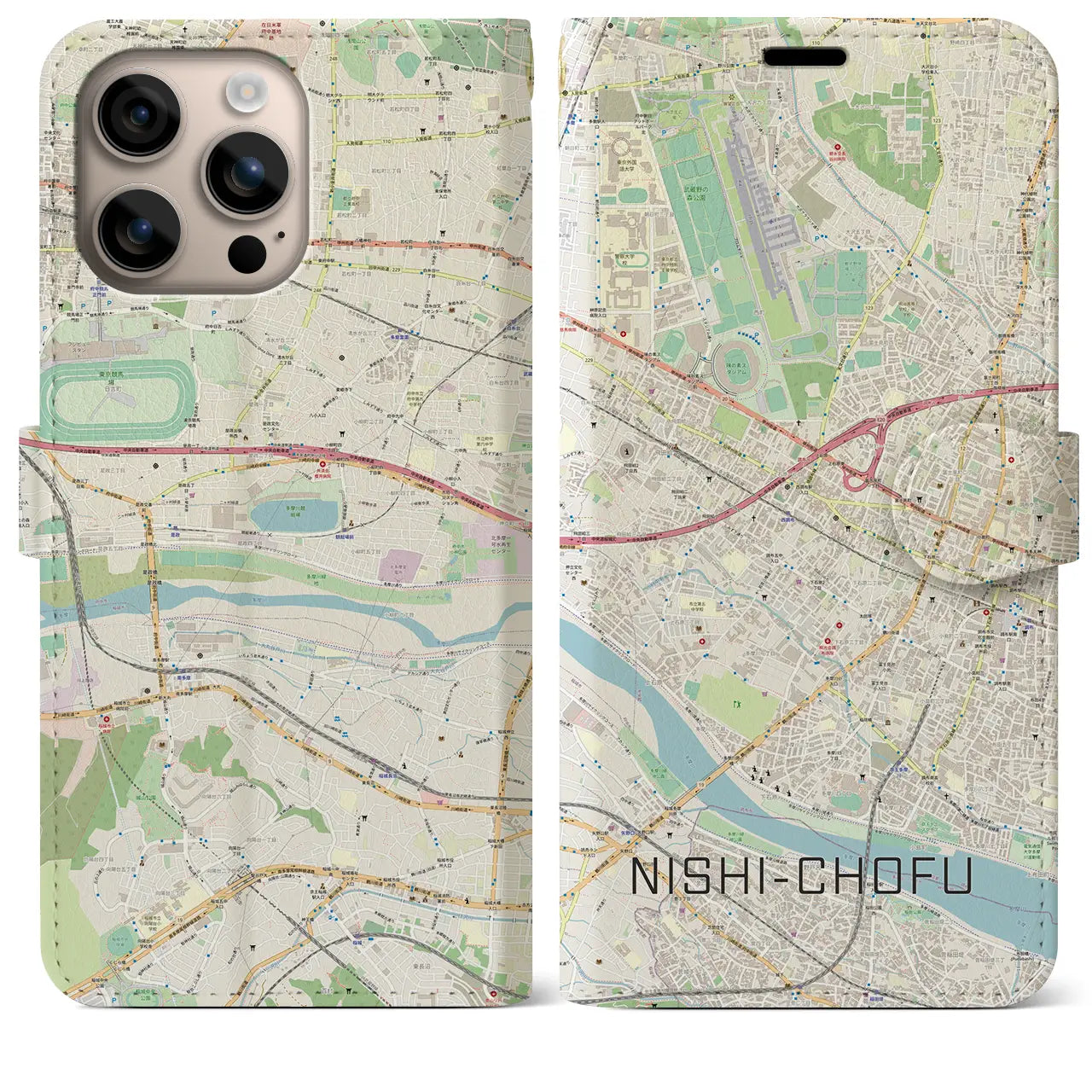 【西調布（東京都）】地図柄iPhoneケース（手帳タイプ）ナチュラル・iPhone 16 Plus 用