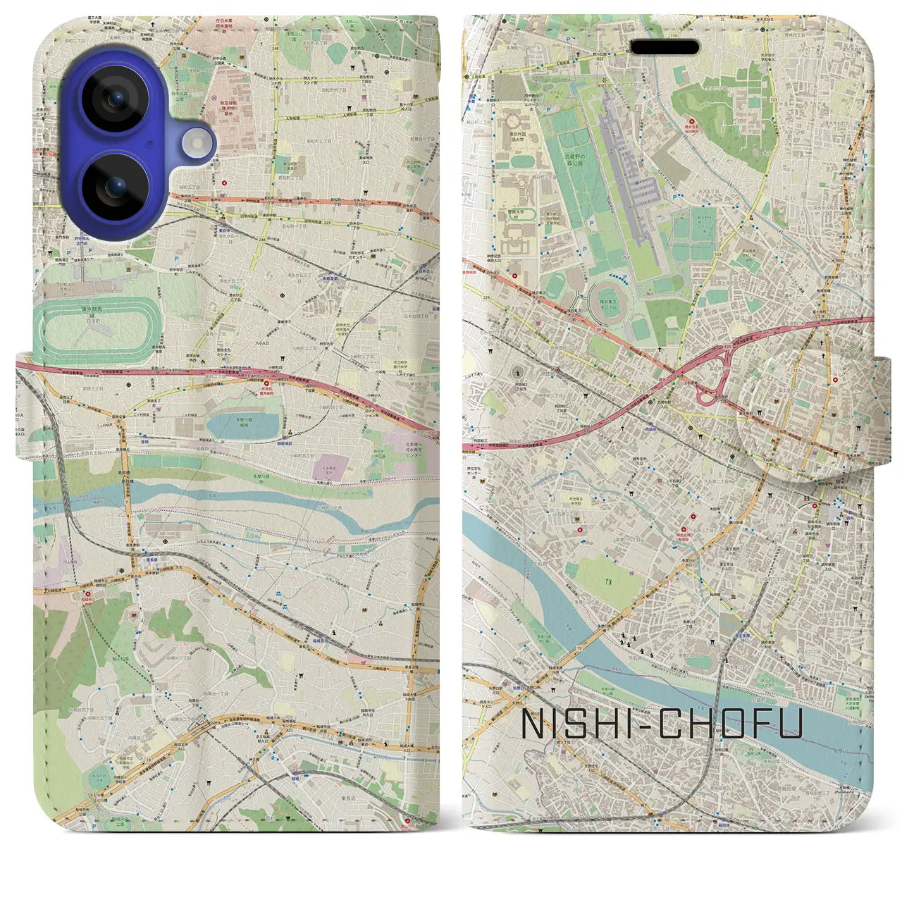 【西調布（東京都）】地図柄iPhoneケース（手帳タイプ）ナチュラル・iPhone 16 Pro Max 用