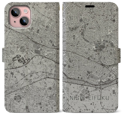 【西永福（東京都）】地図柄iPhoneケース（手帳タイプ）モノトーン・iPhone 15 Plus 用