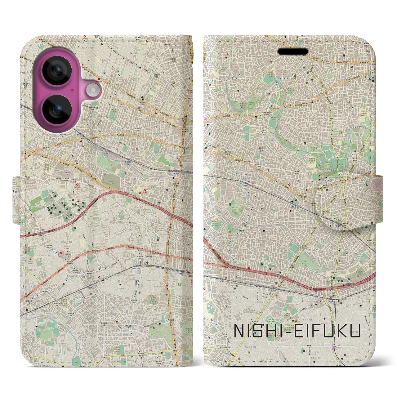 【西永福（東京都）】地図柄iPhoneケース（手帳タイプ）ナチュラル・iPhone 16 Pro 用