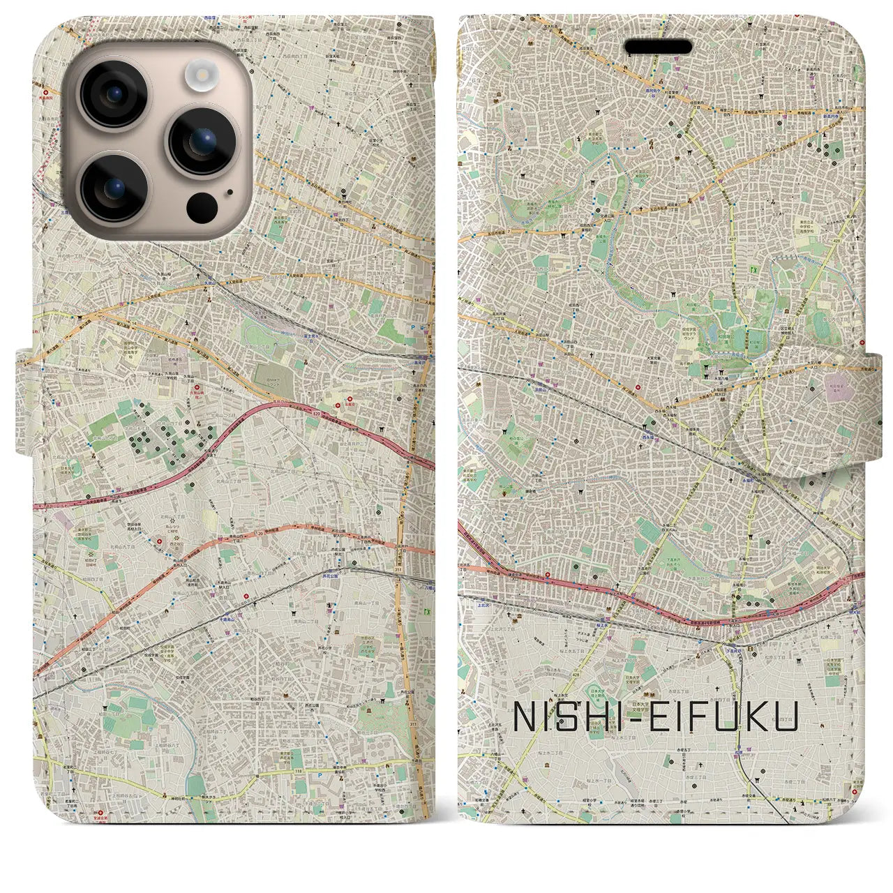 【西永福（東京都）】地図柄iPhoneケース（手帳タイプ）ナチュラル・iPhone 16 Plus 用