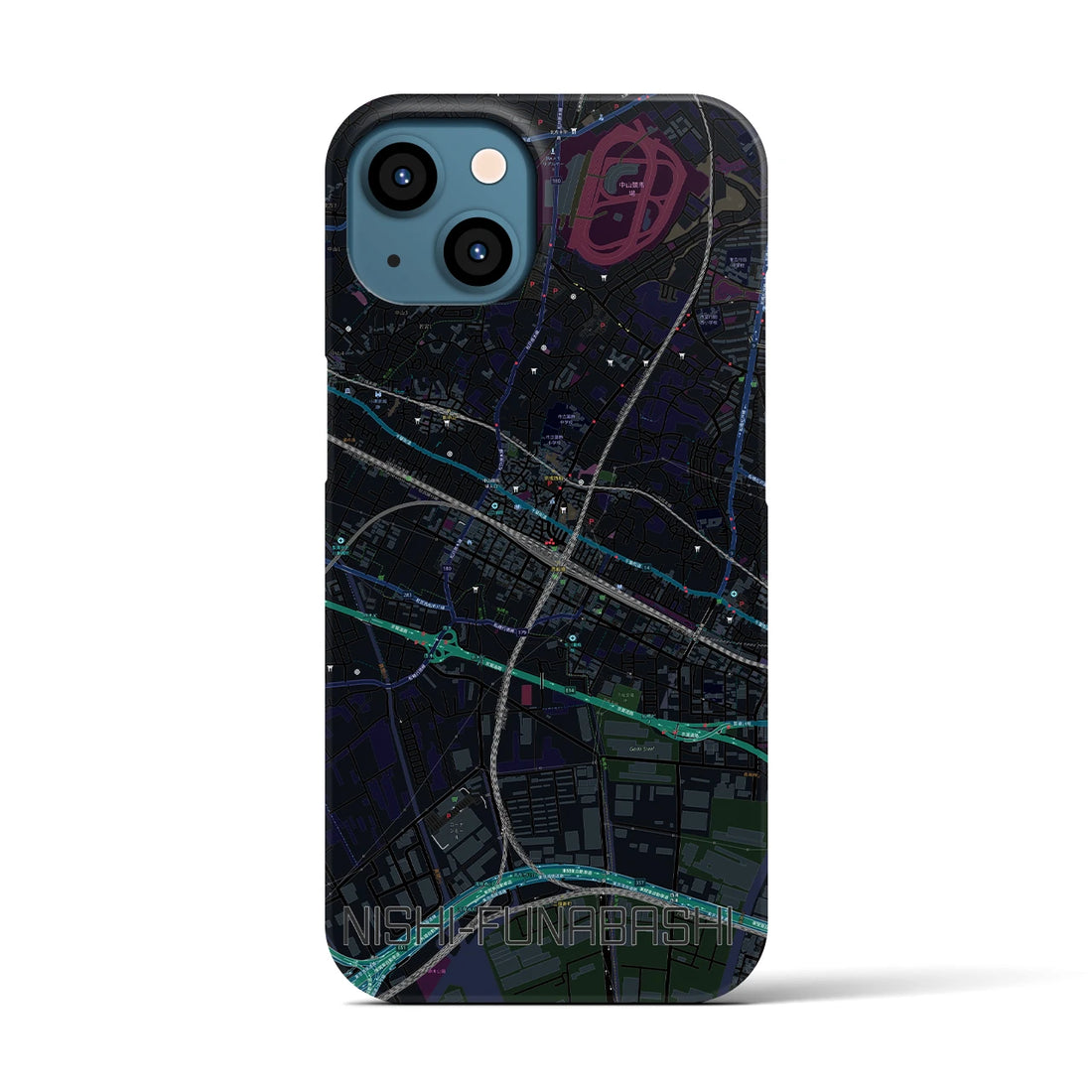 【西船橋(千葉県)】地図柄iPhoneケース(バックカバータイプ)ブラック・iPhone 13 用