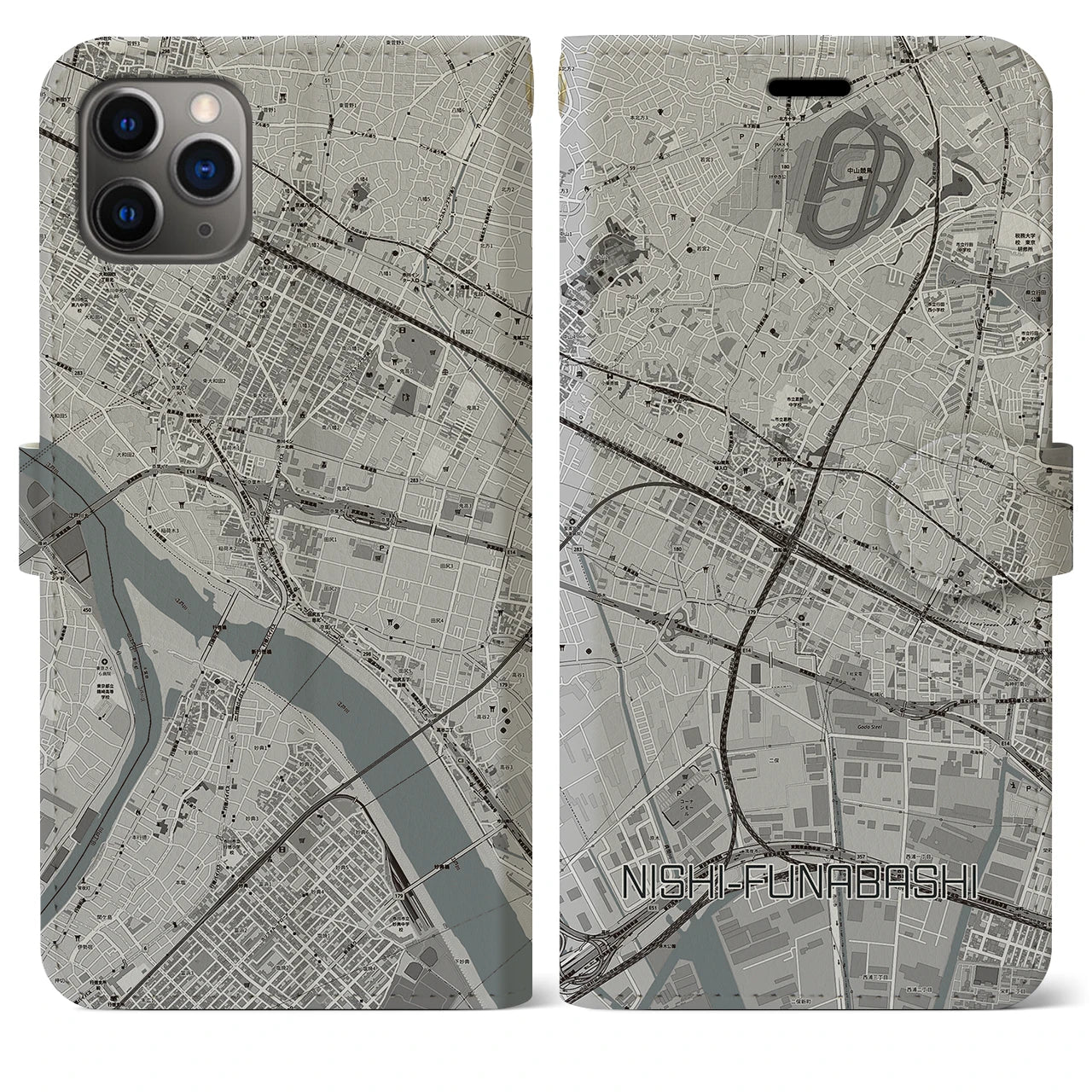 【西船橋】地図柄iPhoneケース（手帳両面タイプ・モノトーン）iPhone 11 Pro Max 用