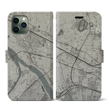 【西船橋（千葉県）】地図柄iPhoneケース（手帳タイプ）モノトーン・iPhone 11 Pro 用