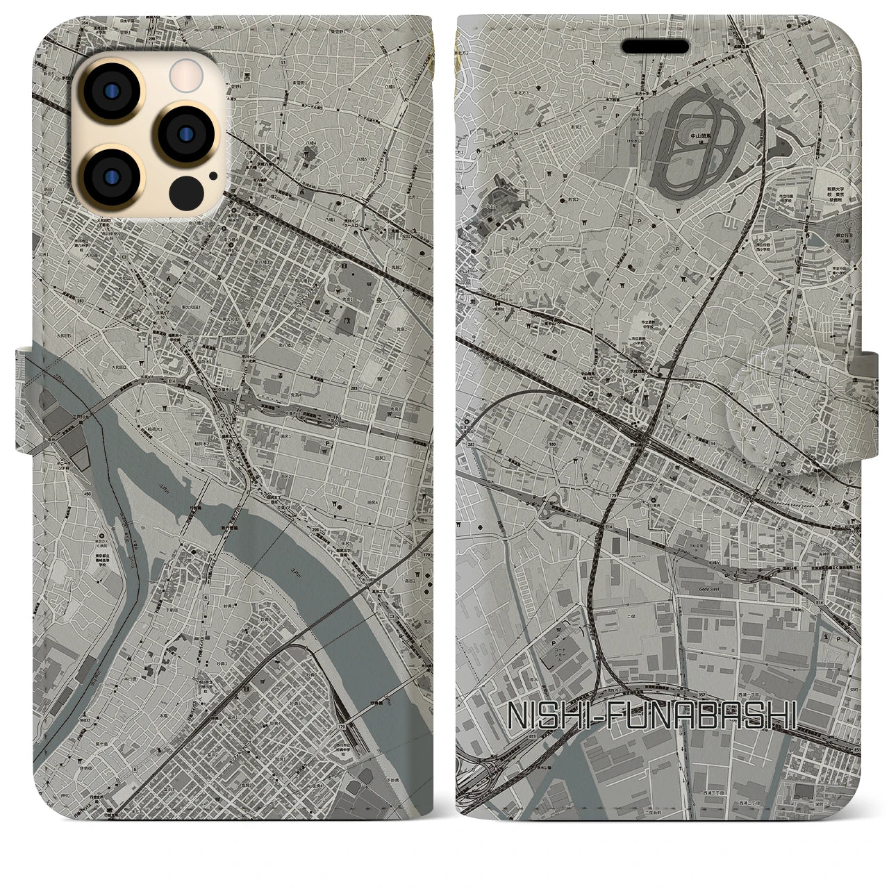 【西船橋】地図柄iPhoneケース（手帳両面タイプ・モノトーン）iPhone 12 Pro Max 用