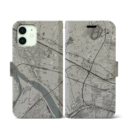 【西船橋（千葉県）】地図柄iPhoneケース（手帳タイプ）モノトーン・iPhone 12 mini 用