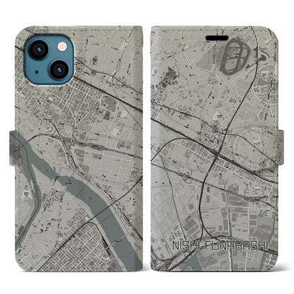 【西船橋（千葉県）】地図柄iPhoneケース（手帳タイプ）モノトーン・iPhone 13 用